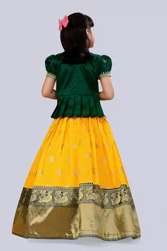Girl's Silk Blend Yellow Green Readymade Lehenga Choli
