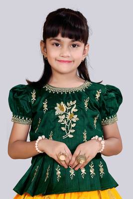 Girl's Silk Blend Yellow Green Readymade Lehenga Choli 3