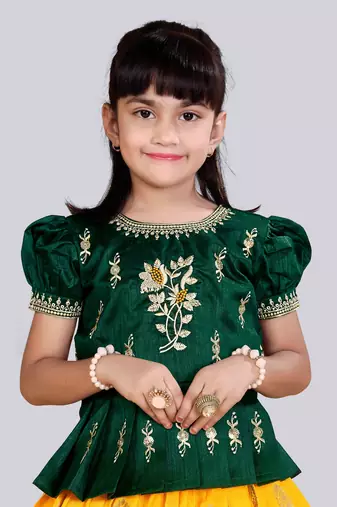 Girl's Silk Blend Yellow Green Readymade Lehenga Choli