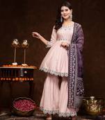 Rose gold rose gold solid & embroidered rayon short kurti sharara dupatta set