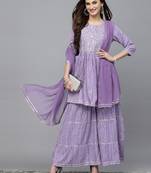 Purple bandhej printed & embroidered kurta sharara dupatta set