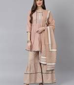 Beige printed rayon a-line kurta sharara dupatta set