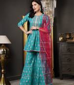 Turquoise gold printed rayon a-line kurta sharara dupatta set