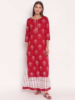 Maroon printed rayon straight kurta skirt set 1