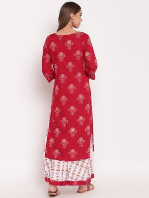 Maroon printed rayon straight kurta skirt set 2