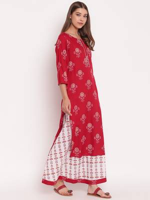 Maroon printed rayon straight kurta skirt set 3
