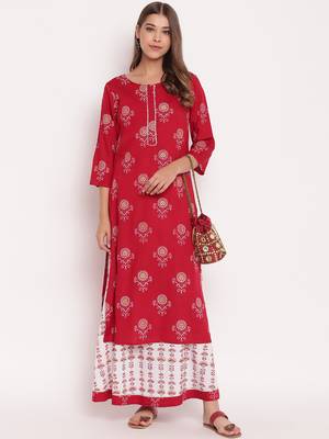 Maroon printed rayon straight kurta skirt set 4
