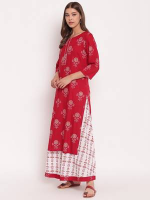Maroon printed rayon straight kurta skirt set 5