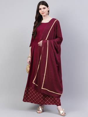 Wine gold printed rayon flared kurta dupatta set 1