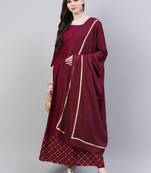 Wine gold printed rayon flared kurta dupatta set