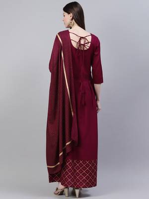 Wine gold printed rayon flared kurta dupatta set 2