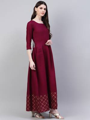 Wine gold printed rayon flared kurta dupatta set 3