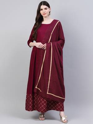 Wine gold printed rayon flared kurta dupatta set 4