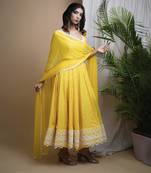 Yellow bandhani digital print anarkali set