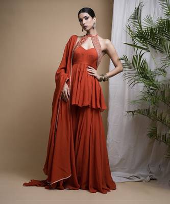 Rust orange indo anarkali suit set 1