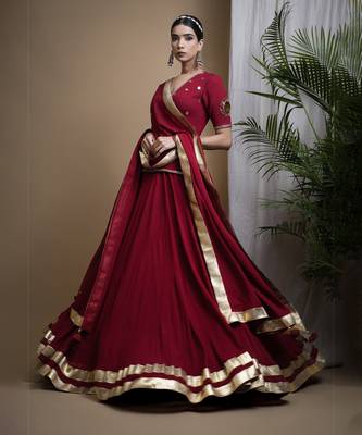 Maroon Heavy Mirror Short Kurti And Lehenga Set 1