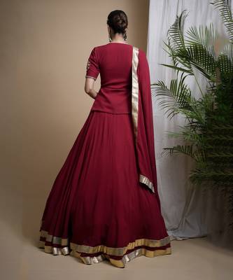 Maroon Heavy Mirror Short Kurti And Lehenga Set 2