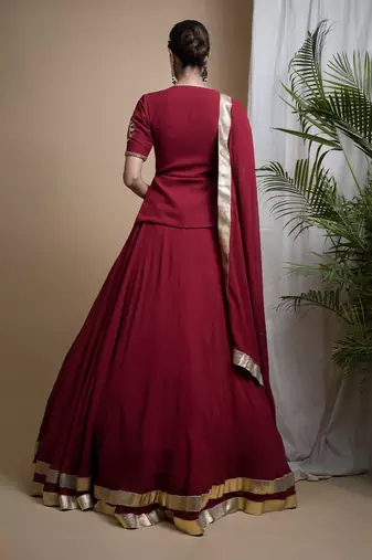 Maroon Heavy Mirror Short Kurti And Lehenga Set
