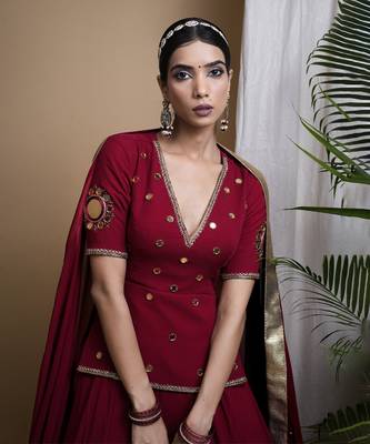 Maroon Heavy Mirror Short Kurti And Lehenga Set 3