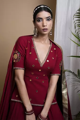 Maroon Heavy Mirror Short Kurti And Lehenga Set