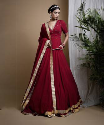 Maroon Heavy Mirror Short Kurti And Lehenga Set 4