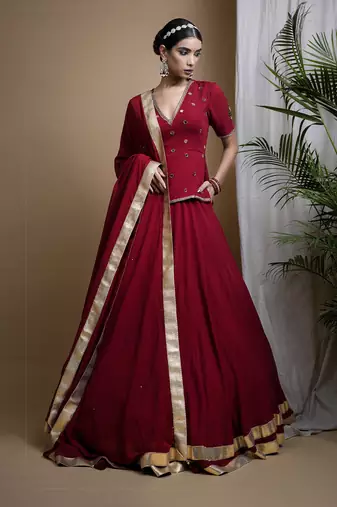 Maroon Heavy Mirror Short Kurti And Lehenga Set