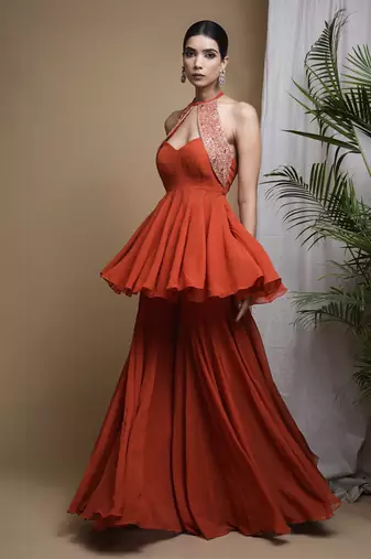 Rust orange indo anarkali suit set
