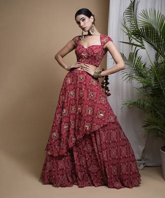 Red Bandhani Digital Print Indo Lehenga Set 1