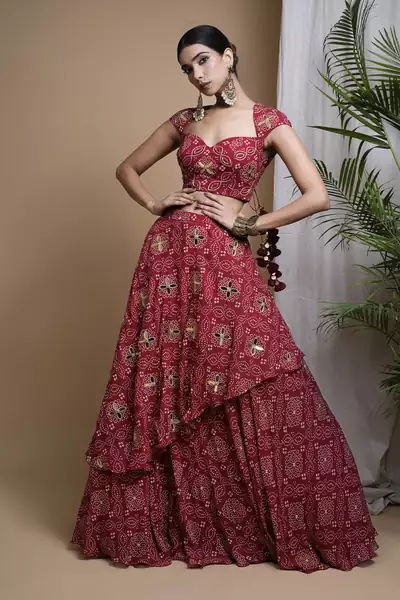 Red Bandhani Digital Print Indo Lehenga Set