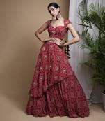 Red Bandhani Digital Print Indo Lehenga Set