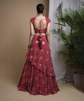 Red Bandhani Digital Print Indo Lehenga Set 2