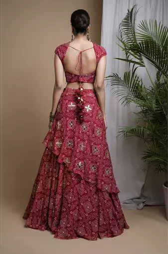Red Bandhani Digital Print Indo Lehenga Set
