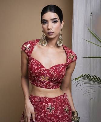 Red Bandhani Digital Print Indo Lehenga Set 3