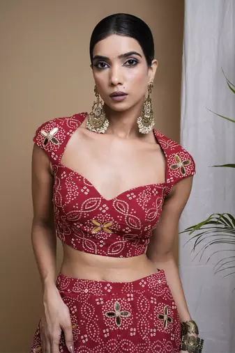 Red Bandhani Digital Print Indo Lehenga Set