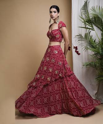 Red Bandhani Digital Print Indo Lehenga Set 4
