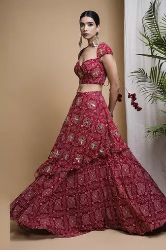 Red Bandhani Digital Print Indo Lehenga Set
