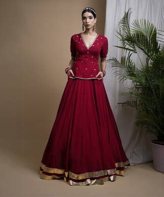 Maroon Heavy Mirror Short Kurti And Lehenga Set 5