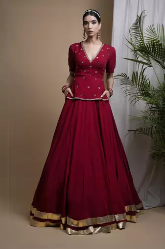 Maroon Heavy Mirror Short Kurti And Lehenga Set