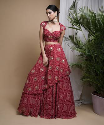 Red Bandhani Digital Print Indo Lehenga Set 5