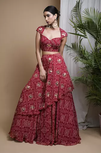 Red Bandhani Digital Print Indo Lehenga Set