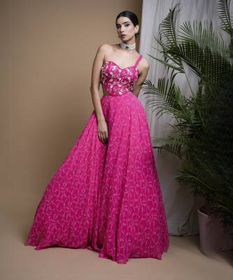Hot Pink Digital Print Indo Lehenga Set 5