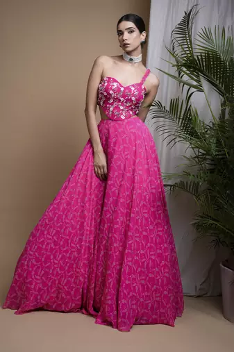Hot Pink Digital Print Indo Lehenga Set
