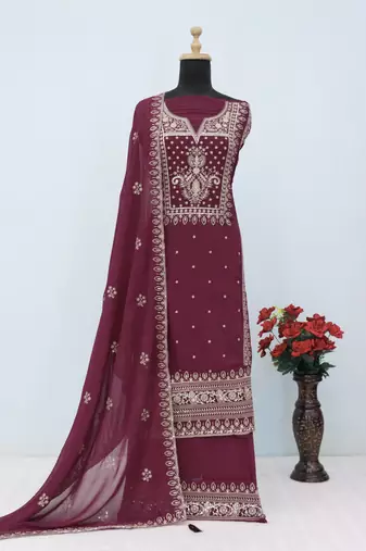 Wine heavy embroidery georgette semi stitched suits