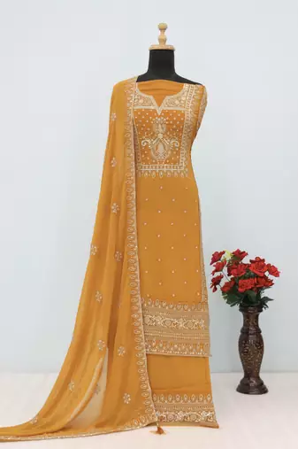 Yellow heavy embroidery georgette semi stitched suits