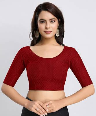Cotton Lycra Stretchable Comfy Round Neck Elbow Sleeves Saree Blouse Readymade 1