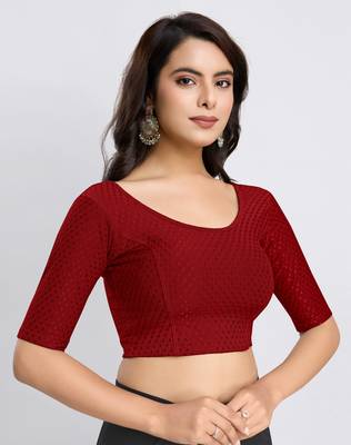 Cotton Lycra Stretchable Comfy Round Neck Elbow Sleeves Saree Blouse Readymade 3