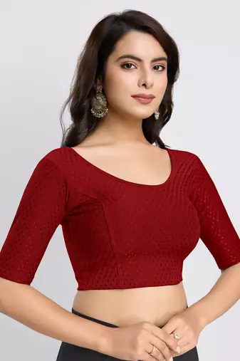Trendmalls Cotton Lycra Stretchable Comfy Round Neck Elbow Sleeves Saree Blouse Readymade