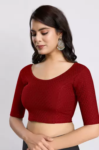Trendmalls Cotton Lycra Stretchable Comfy Round Neck Elbow Sleeves Saree Blouse Readymade