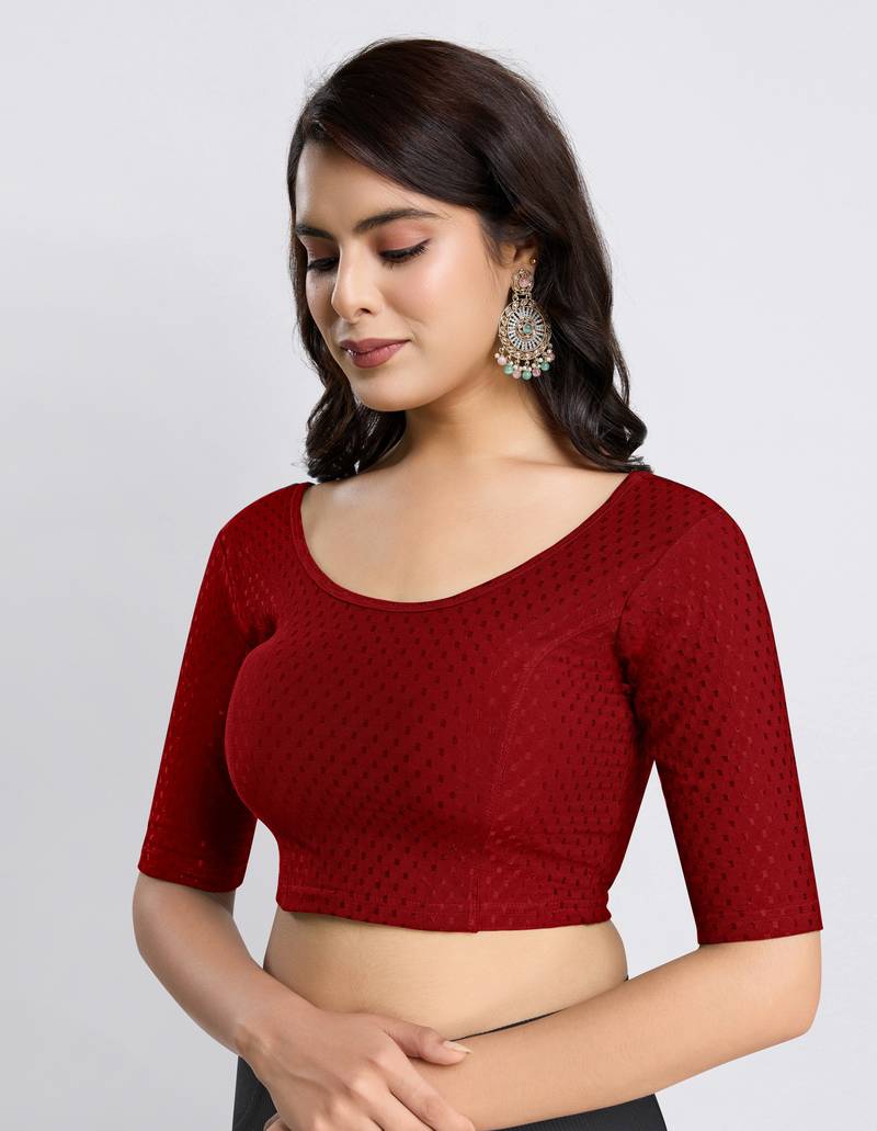 Cotton Lycra Stretchable Comfy Round Neck Elbow Sleeves Saree Blouse Readymade