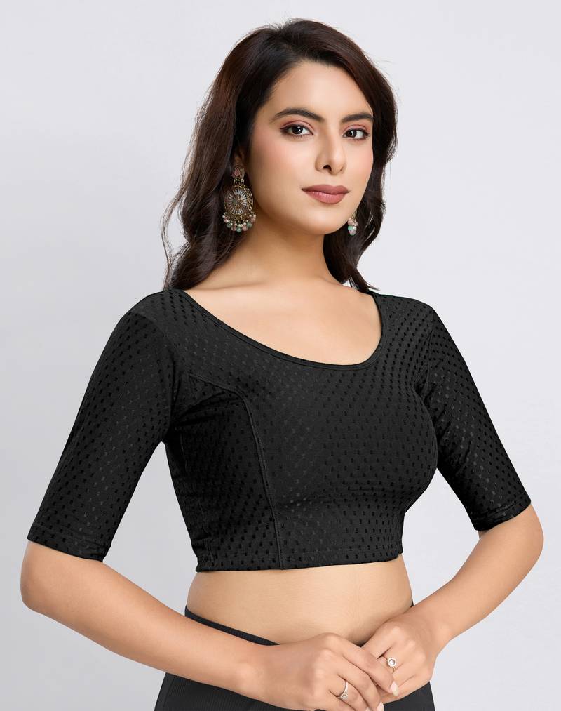 Cotton Lycra Stretchable Comfy Round Neck Elbow Sleeves Saree Blouse Readymade